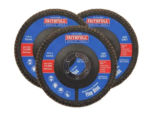 Faithfull Aluminium Oxide Flap Discs - 115 x 22mm 80 Grit (3 Pack)