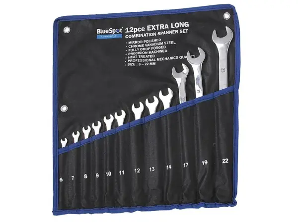 BlueSpot Extra Long Combination Spanner Set, Chrome Vanadium, 12-Piece