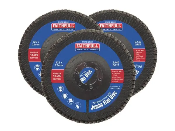 Faithfull Zirconia Abrasive Jumbo Flap Discs - 125 x 22mm 40 Grit (3 Pack)
