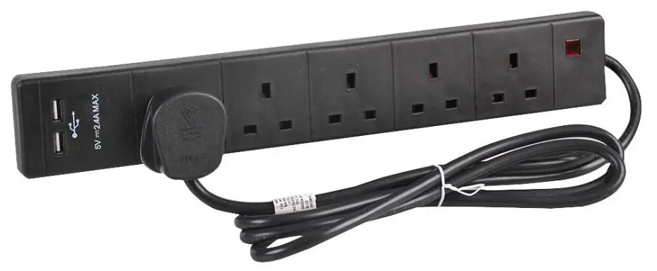 PRO ELEC 5-Way Extension Lead with USB, 2m, Black