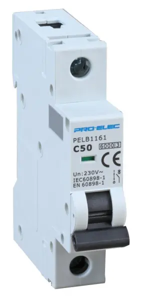 PRO ELEC 50A Single Pole MCB, C Curve, 6kA
