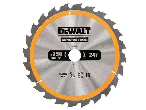 DEWALT 250mm Bouw Cirkelzaagblad, 24T, 30mm Boor