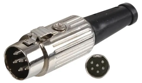 Deltron 6-Pin Nickel Locking DIN Plug, Metal, Silver Plated