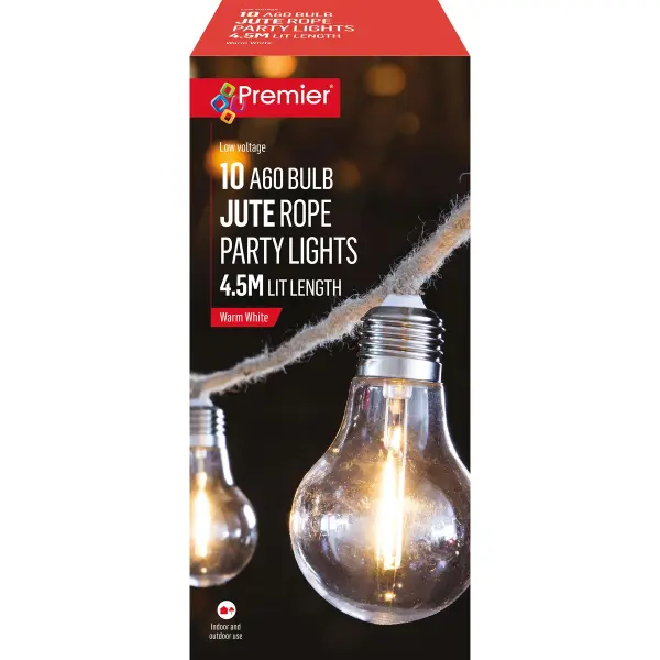Premier 10 Jute Rope LED Party Lights, Warm White, 4.5m