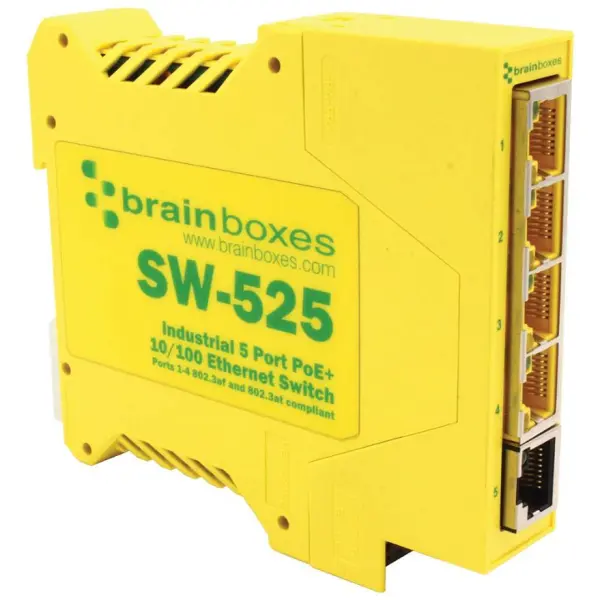 Switch Industrial BRAINBOXES 5 Portas PoE+, Montagem em DIN Rail, 90W