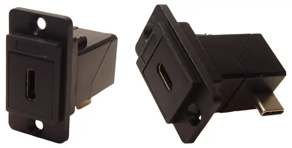 Dual Slim USB C Socket to USB C Right Angle Plug Feedthrough Connector, Black