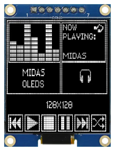 MIDAS DISPLAYS OLED Graphic Display Module, SPI, Passive Matrix - White Black 128 x 128