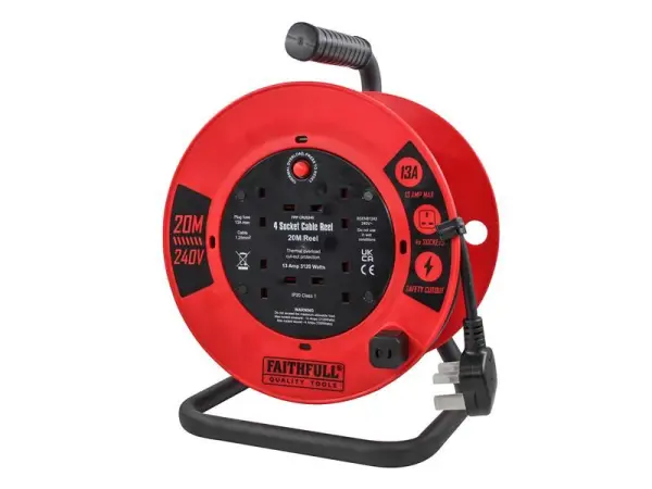 Faithfull Power Plus Open Cable Reel, 20m, 240V, 4 Sockets