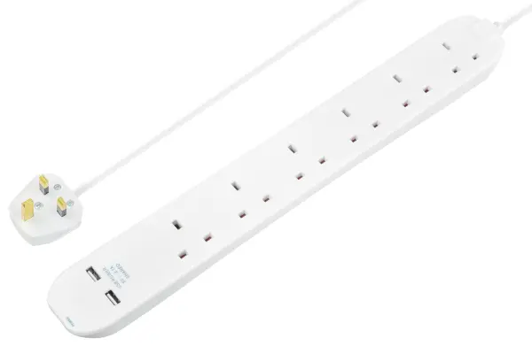 Masterplug 6-Gang Extension Lead with 2x USB-A, 1m, White