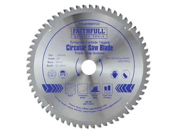 Faithfull Lâmina de Serra Circular TCT 250mm x 30mm, 60 Dentes, Corte Triplo