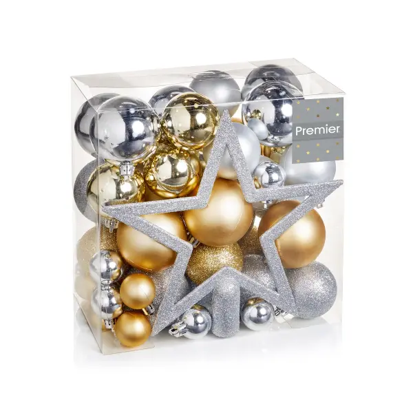 Premier 50-Piece Mixed Finish Bauble Pack, Gold & Silver