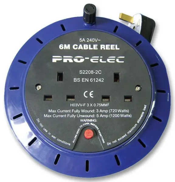 PRO ELEC Enrollable para 2 Enchufes, 5A, 6m