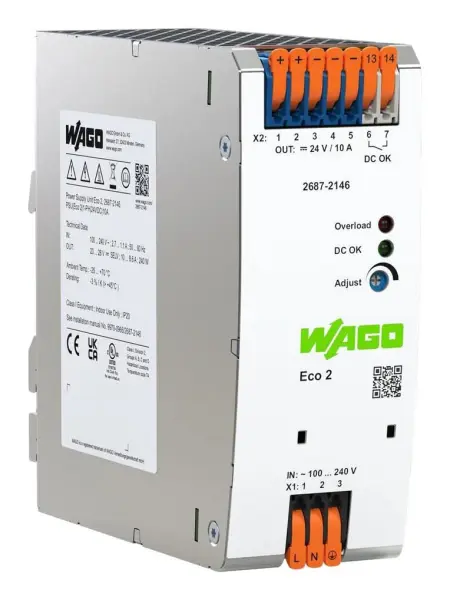 WAGO Eco 2 AC/DC DIN Rail Power Supply, 1 Phase, 24V DC - 10A 240W