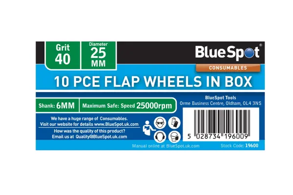 Blue Spot 10-delige set Flap Wheels 40 grit, 25mm