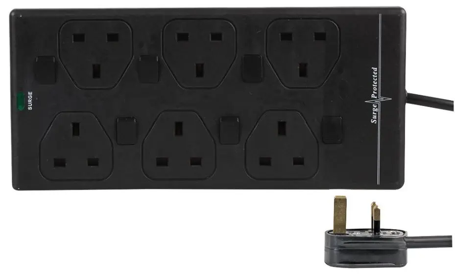 PRO ELEC 6-Way Surge Protected Extension Lead, 1m, Black