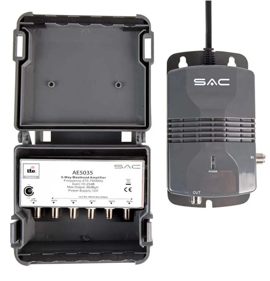 SAC 5-drátový LTE zesilovač střešní antény s napájením, 470-790MHz, 17-32dB zes