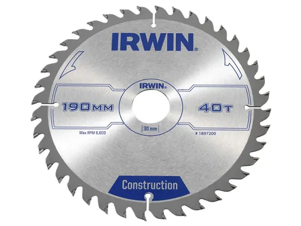 IRWIN Construction Circular Saw Blade 190mm, 40T ATB, 30mm Bore