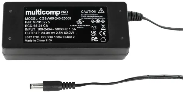 Multicomp Pro AC/DC External Power Supply, IEC C8, 2.1mm DC Plug - 24V 2.5A 60W