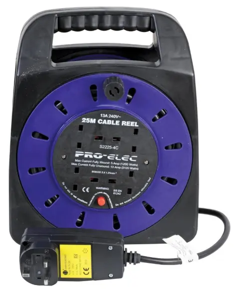 PRO ELEC סלילת הארכה עם RCD 4 שקעים, 13A, כבל 25 מטר