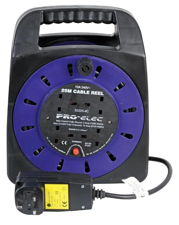 PRO ELEC 4 Gang RCD Extension Reel, 13A, 25m Cable