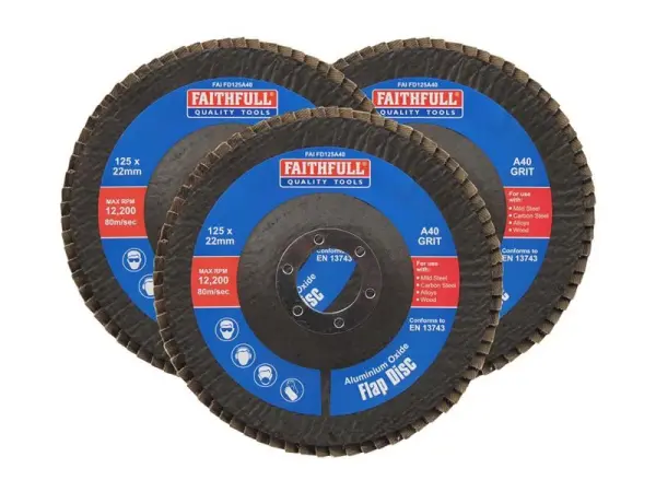 Faithfull Aluminium Oxide Flap Discs - 125 x 22mm 40 Grit (3 Pack)
