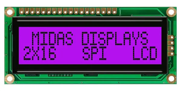 MIDAS DISPLAYS 16x2 LCD Display Module, Black on RGB, 5V SPI