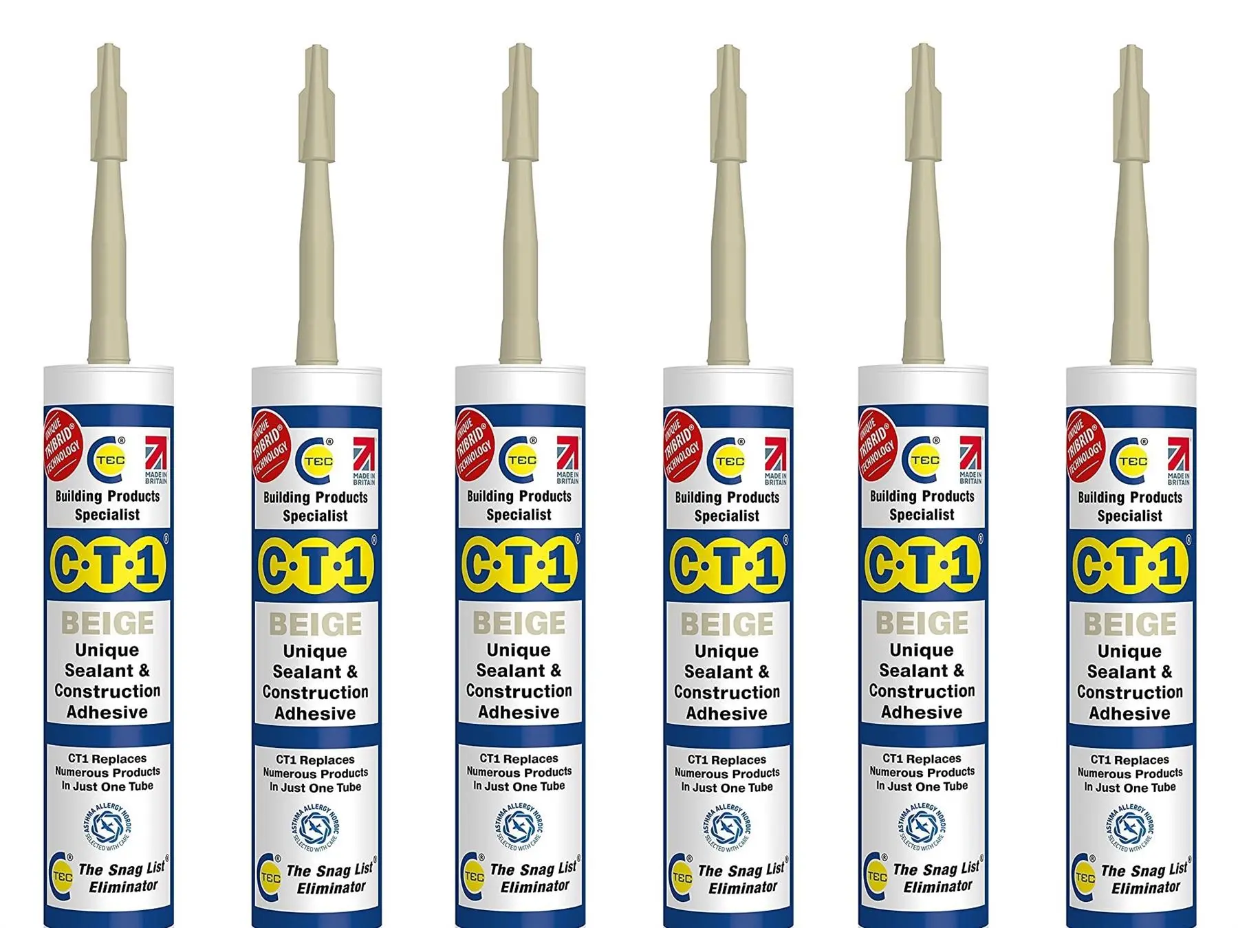 CT1 איטום ודבק בנייה בצבע בז' עם טכנולוגיית TRIBRID, חבילה של 6