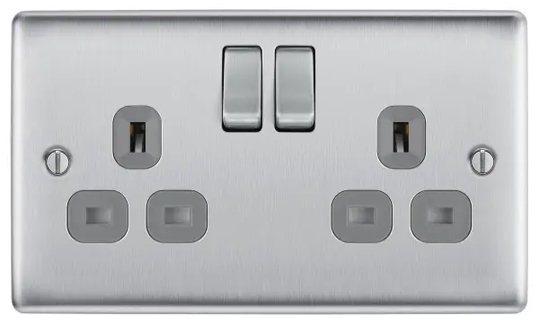BRITISH GENERAL 2 Gang Switched Mains Socket 13A Brushed Steel