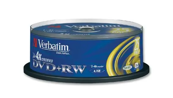 VERBATIM 4x Speed DVD+RW Blank Discs, Matt Silver, 25 Pack