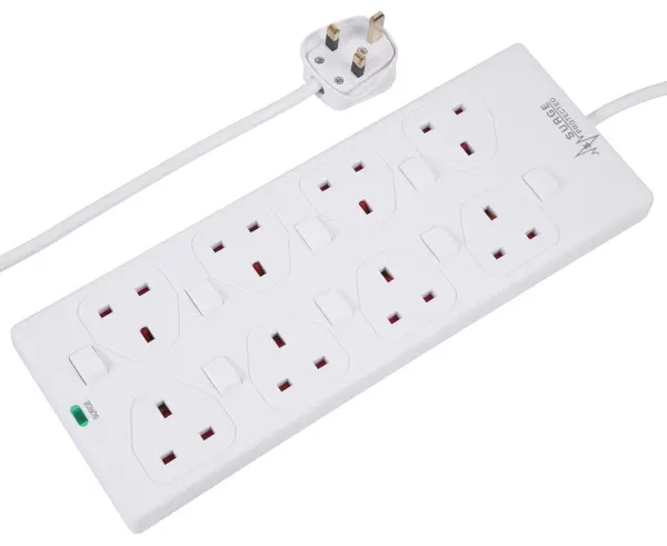 PRO ELEC 8 Gang Switched Surge Protected Extension Lead - White 2m