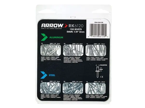 Arrow RK6120 Pacote de Rebites Multiuso - 120 Rebites em Alumínio e Aço