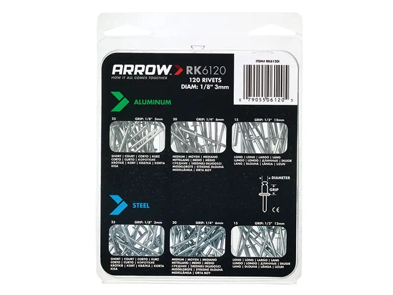 Arrow RK6120 Multi Rivet Pack - 120 Assorted Aluminium & Steel Rivets