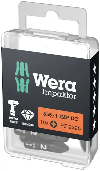 Wera 855/1 IMP DC PZ Bit Impaktor, PZ 2 x 25mm, Confezione da 10