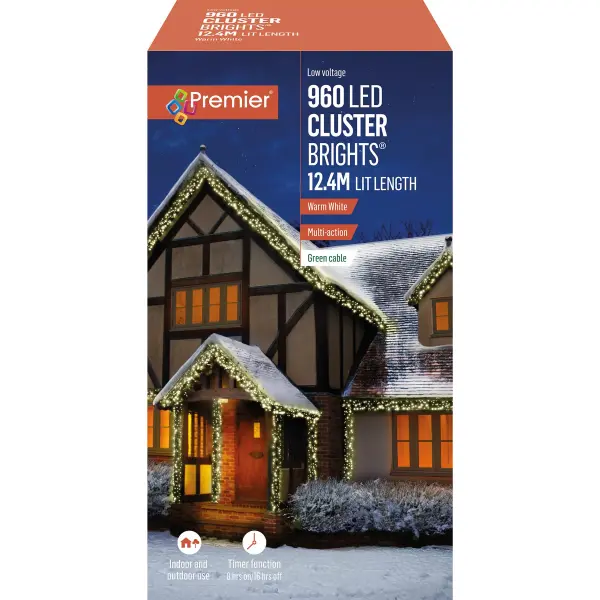 Premier 960 LED Warm White Christmas Cluster Lights with Timer, 12.4m