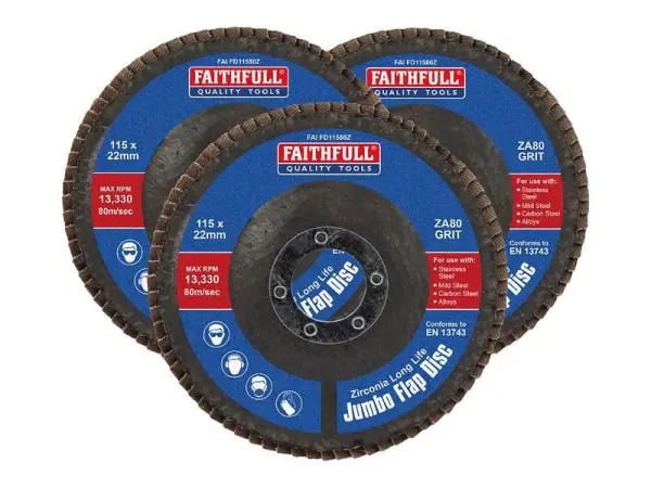 Faithfull Zirconia Abrasive Jumbo Flap Discs - 115 x 22mm 80 Grit (3 Pack)