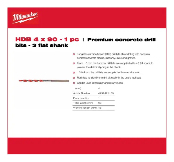 Milwaukee - Gerudi Premium untuk Konkrit - Mata Gerudi 4mm x 90mm dengan Shank 