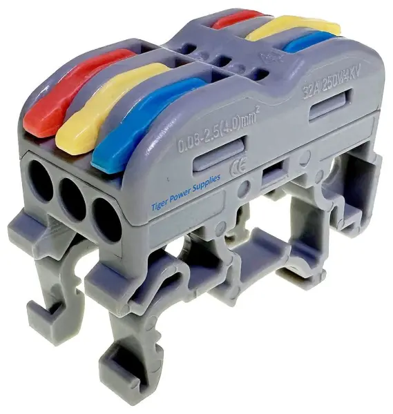 Tiger Power Supplies 6 Conductor DIN Rail Terminal Block with Lever Locks - Grey