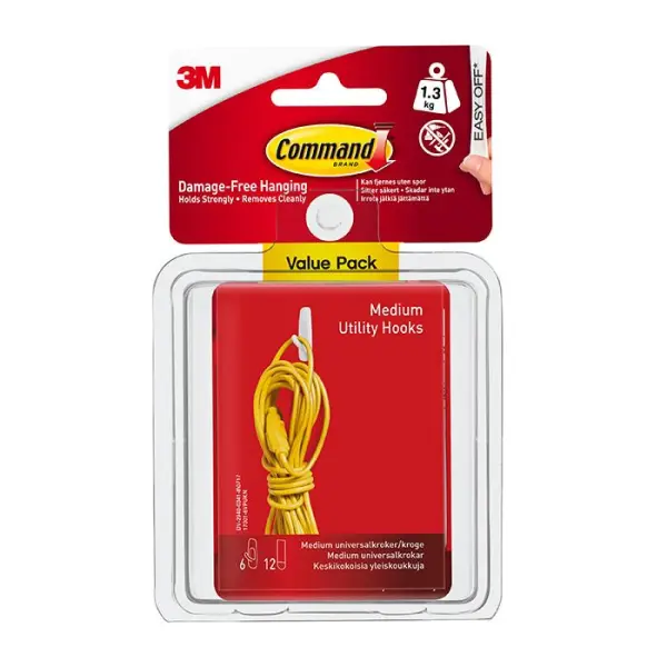 Command White Medium Utility Hooks Value Pack, 6pk
