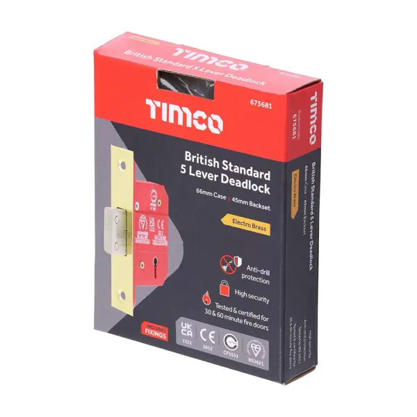 Serrure à mortaise 5 pêches BS CE Timco - Laiton électro, 66/45