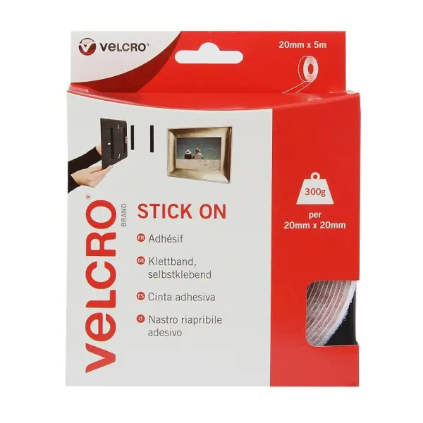VELCRO® Stick On Tape, White, 20mm x 5m