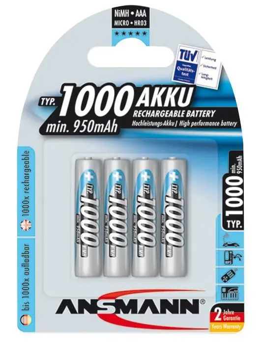 ANSMANN - Bateri AAA NiMH Boleh Dicas Semula 1000mAh (4 Pek)