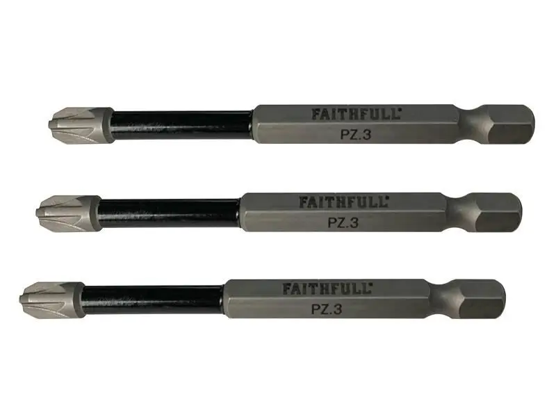 Faithfull Punte per Avvitatore a Impulso Pozidriv PZ3 x 75mm (Confezione da 3)