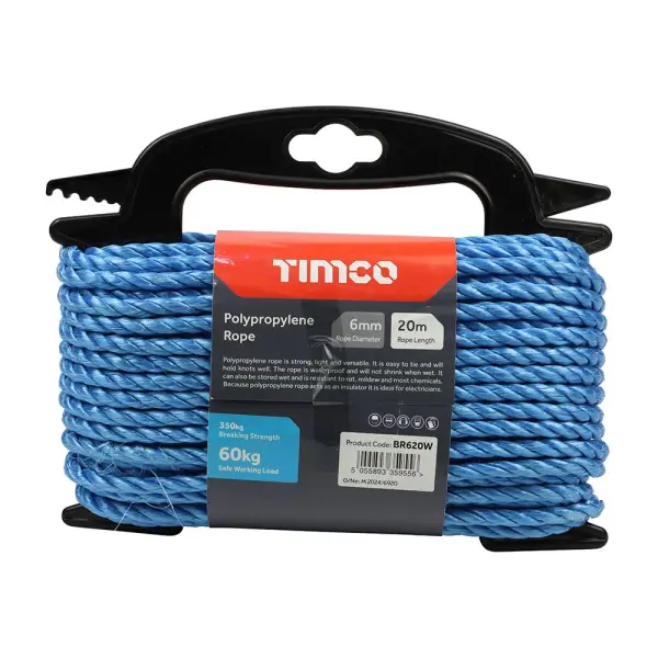 Timco Corda in Polipropilene Blu 6mm x 20m con Avvolgicavo