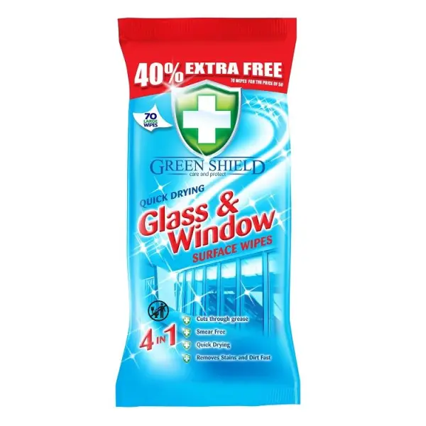 Green Shield Glass & Window Wipes, 70 Pack, 70 Count