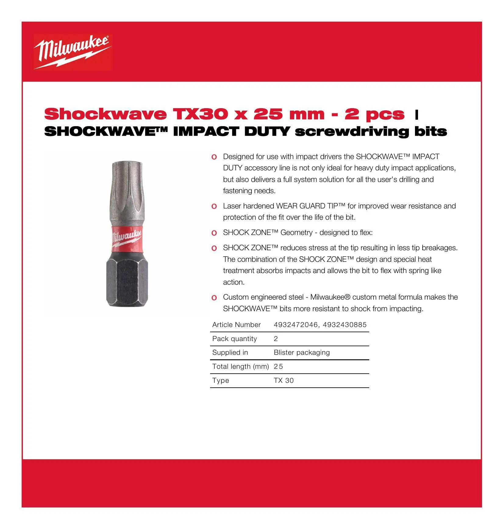Milwaukee SHOCKWAVE™ IMPACT DUTY Schrauber-Bits TX30 25mm - 2er Pack