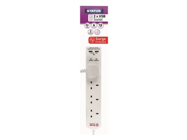 STATUS Extension Lead, 4-Gang + 2 USB, 13A, 2m, White