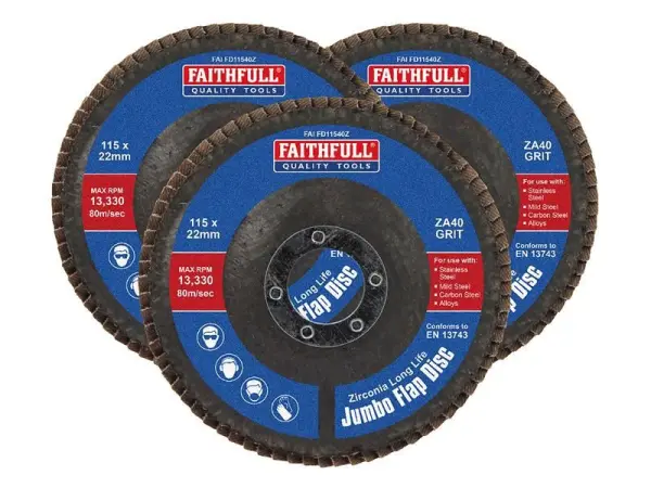 Faithfull Zirconia Abrasive Jumbo Flap Discs - 115 x 22mm 40 Grit (3 Pack)