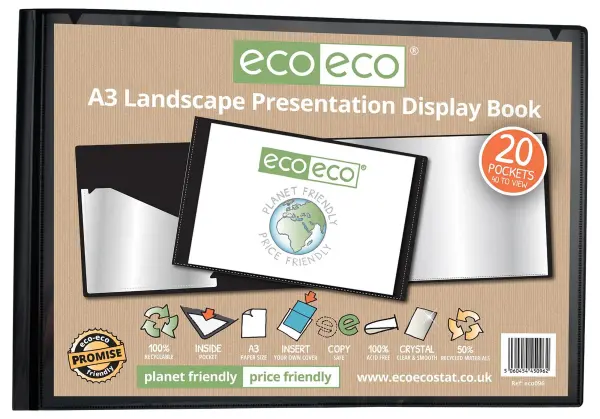 ECO-ECO A3 Landscape Presentation Display Book, 20 Pockets, Black