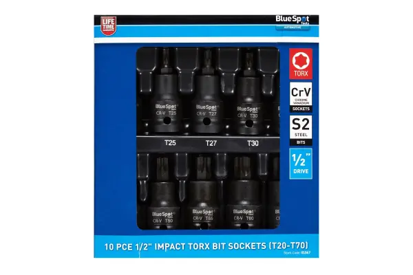 Blue Spot Tools - Set Soket Bit Torx Impak 10 Keping 1/2″ (T20-T70)