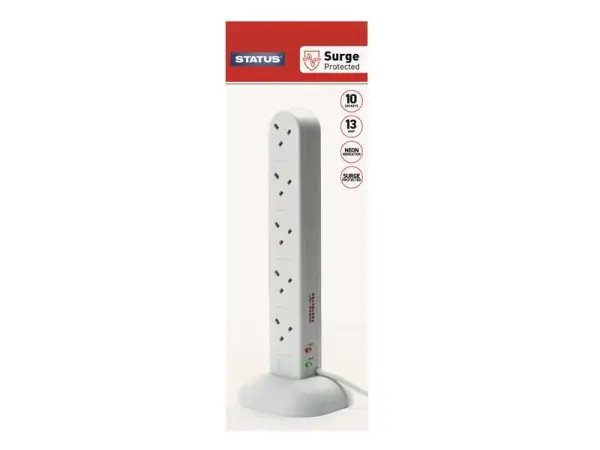 STATUS Surge Protected Tower Multi Plug Extension, 240V, 10-Gang, 13A, White, 2